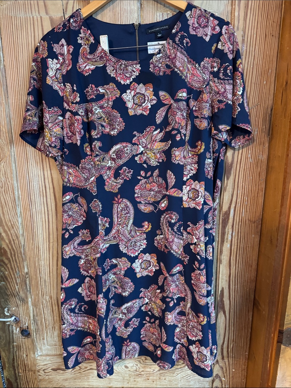 Signature Studio Navy Paisley Floral Short-Sleeve Dress Large fit flare